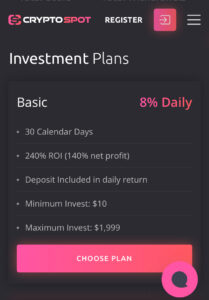 Cryptospot investment plan page